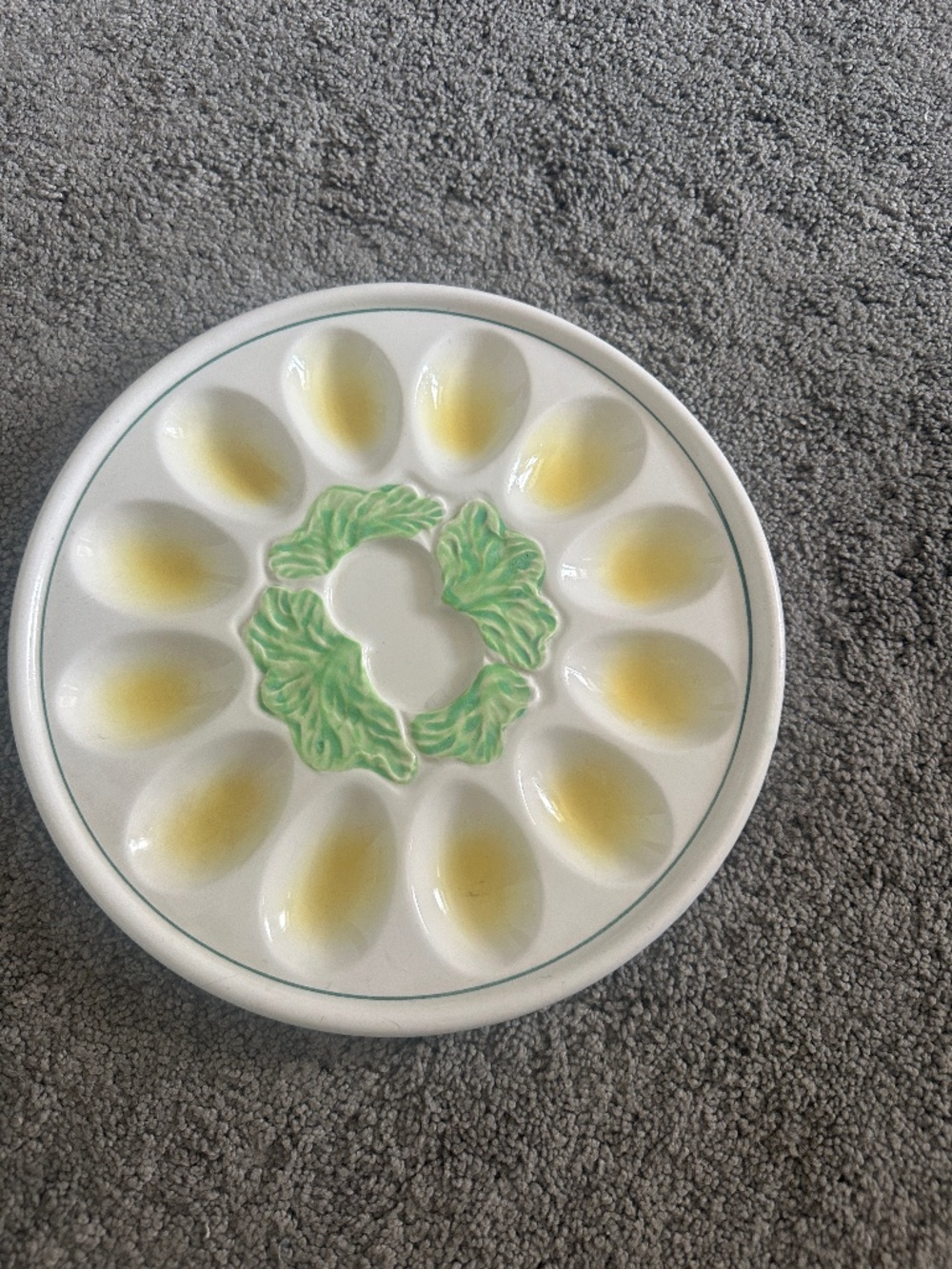 Vintage Ceramic Deviled Egg Platter 12 Well Yellow Green Leaf